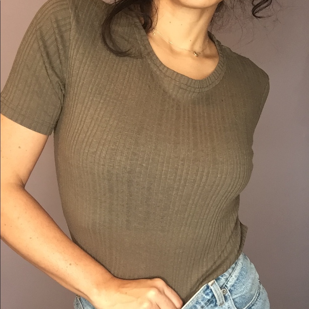Scoop Neck Short Sleeve Top Cotton Olive Green